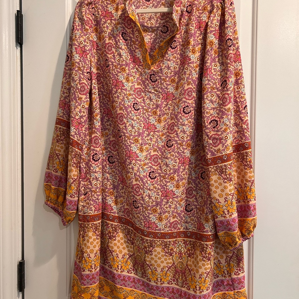 Vibrant Floral Tunic Dress in Pink and Yellow
